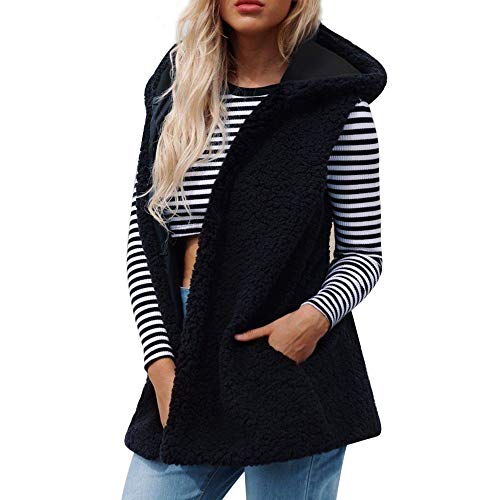 Overdose Mejor Venta De Bolsillos Sin Mangas para Mujer Chaleco SóLido Beige con Capucha Chaleco Suelto De Invierno Abrigo Negro