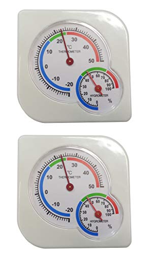 O&W Security 2 termómetros con higrómetro analógico, temperatura y humedad para interior y exterior, 7,5 x 7,5 cm, indicador de temperatura de -20 hasta +50 °C, color blanco