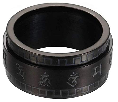 PAURO Hombres Acero Inoxidable Buddhism Tibetan Mantra Spinner Anillo 10mm Ancha Banda Vintage Om Mani Padme Jorobado Oración Joyería Negro Tamaño 19