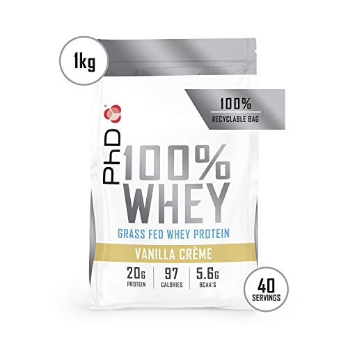 PhD Nutrition 100% Whey, Proteína de Suero Animal de Pastura Ecológica 1 kg, Sabor Crema de Vainilla