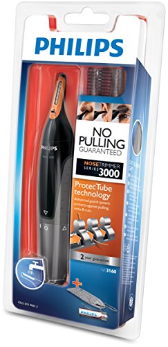 Philips NT3160/10 - Recortador de vello, nariz y orejas, resistente al agua, color negro y plateado, battery-powered