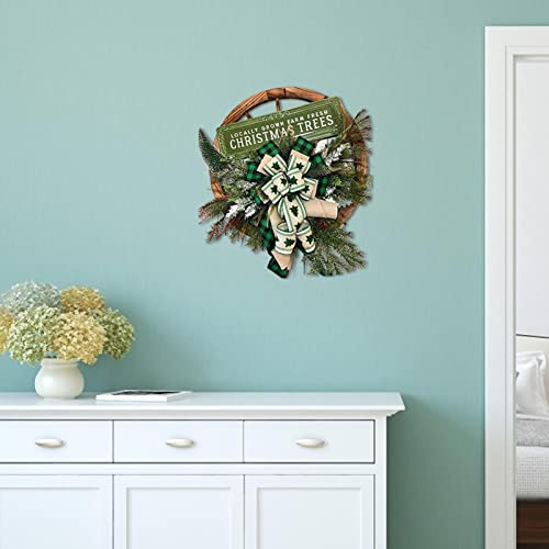 Povanjer Corona de Invierno, Corona de Rueda de Carro Verde, Corona de Navidad al Aire Libre de Navidad Vintage, con Hojas de Lazo a Cuadros Verdes, para decoración de Bodas de Invierno de Navidad