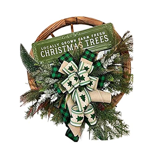 Povanjer Corona de Invierno, Corona de Rueda de Carro Verde, Corona de Navidad al Aire Libre de Navidad Vintage, con Hojas de Lazo a Cuadros Verdes, para decoración de Bodas de Invierno de Navidad