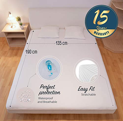 ⭐ Protector de Colchón Impermeable 135x190 cm, Muletón 100%, Cubre Colchón - Anti-ácaros, Antibacteriano, Antimoho, hipoalergénico - Transpirable y muy suave – Hecho en Europa – 15 años de garantía