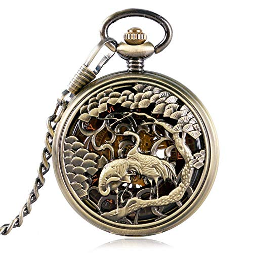 QTWW Reloj de Bolsillo y Pulsera Reloj de Bolsillo Reloj de Bolsillo con tamaño de grúa Bronce Mujer Hombre Mecánico Esquelético Cadena Retro Collar de Cuerda Manual Números Romanos Bronce