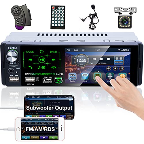 Radio de Coche Bluetooth Pantalla táctil capacitiva Single DIN 4 '' Radio FM / Am / RDS Cámara Trasera Control Remoto del Volante con micrófono Externo con Salida de Audio de subwoofer
