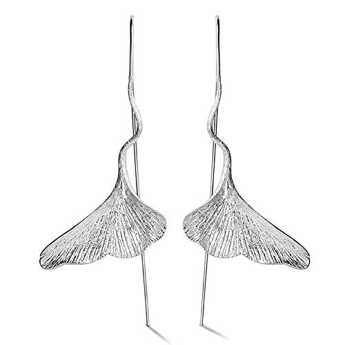 Regalo para ti Springlight S925 Pendientes colgantes de plata esterlina Pendientes colgantes de hoja de ginkgo vintage para mujeres y niñas(Silver)