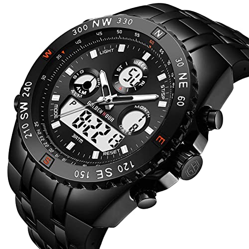 Relojes Gruesos para Hombres, cronómetro Deportivo Resistente al Agua, Cara Enorme, Alarma de Fecha, Digital Ligero, Reloj de Pulsera analógico Militar de Acero Inoxidable con Banda de Goma (Negro)