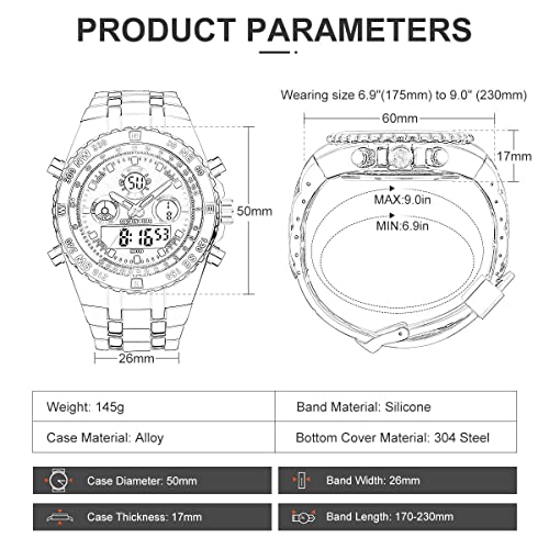 Relojes Gruesos para Hombres, cronómetro Deportivo Resistente al Agua, Cara Enorme, Alarma de Fecha, Digital Ligero, Reloj de Pulsera analógico Militar de Acero Inoxidable con Banda de Goma (Negro)
