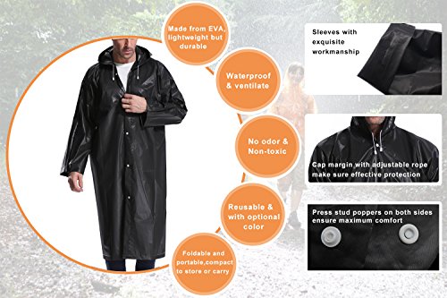 Reutilizable Chubasquero Poncho Para La Lluvia Portátil Para Adultos Sobretodo EVA Impermeable y Transpirable Con Mangas - By EnergeticSky™ (Negro - 2 Pack)
