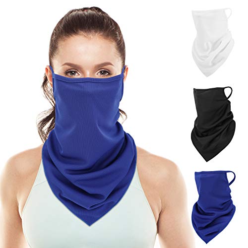 Rhino Valley Bandanas Faciales con Orejeras, 3 PZS Cubierta Polaina de Cuello Protección UV Polvo Diadema de Pasamontañas Balaclava para Ciclismo Motocicleta Esquí Senderismo, Blanco+Azul+Negro
