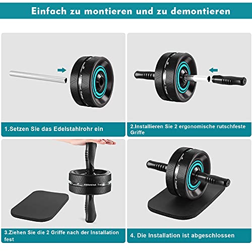 Rhinosport Rodillo abdominal 6 en 1 con cinta de fitness, flexiones, esterilla de rodilla, equipo de fitness para el hogar, Rueda Abdominales Kit para hombres y mujeres
