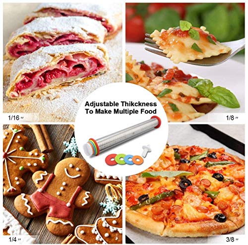 Rodillo de Amasar, Crosszen Rodillo de Cocina con 4 Discos Ajustables Anillo, Rodillo Acero Inoxidable Rolling Pin para Hornear Pastas para Pizza y Galletas de pastelería (44cm)