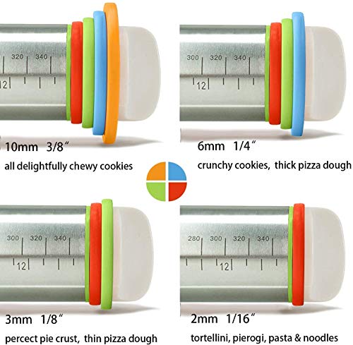 Rodillo de Amasar, Crosszen Rodillo de Cocina con 4 Discos Ajustables Anillo, Rodillo Acero Inoxidable Rolling Pin para Hornear Pastas para Pizza y Galletas de pastelería (44cm)