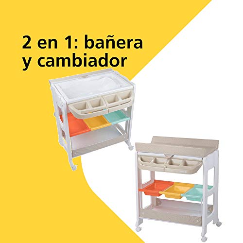 Safety 1st Dolphy Cambiador Banera bebé 2 en 1, cambiador bebé impermeable fácil de limpiar, Multiples compartimentos de almacenamiento, 4 ruedas con freno, Warm Grey (gris)