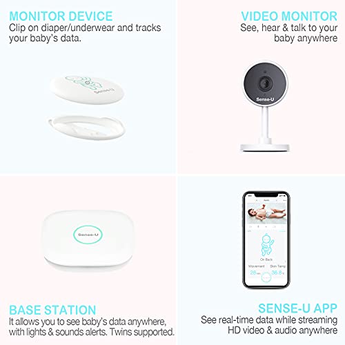 Sense-U Video Monitor - Dispositivo para la monitorización de la movimiento abdominal, los giros y la temperatura de la piel del bebé con cámara 1080P HD, WiFi, audio, visión nocturna