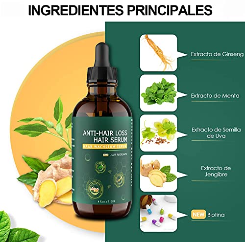 Serum Anticaida Pelo, 118ML Nueva Serum Crecimiento Cabello con Jengibre, Ginseng, Biotina, Serum Cabello para Crece Pelo Rapido, Reparar los Folículos Pilosos, Engrosar y Nutrir el Pelo