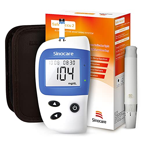 Sinocare Medidor de Glucosa en Sangre, Kit de Prueba de Glucosa en Sangre 10 x Tiras de Prueba de Glucosa en Sangre y Dispositivo de Punción, Resultado de Prueba Exacto (Safe Accu2)