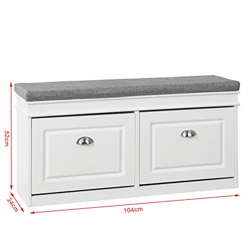 SoBuy FSR64-W Zapatero Banco con 2 cajones,Banco con almacenaje,L104 x P24 x H52cm,ES (2 Cajones) (Blanco)