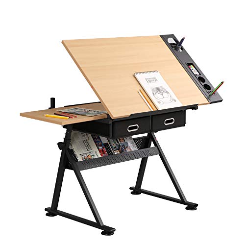 sogesfurniture Mesa de Dibujo Inclinable Ajustable, Mesa de Dibujo Artístico para Manualidades, Estación de Trabajo de Diseño de Arquitectura, con 2 Cajones de Almacenamiento, BHEU-UT-DT1027
