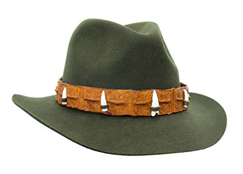Sombrero Kakadu Echuca original de piel marrón y negro con borde curvado y cordón redondo. cocodrilo Tobacco + dientes. Talla única