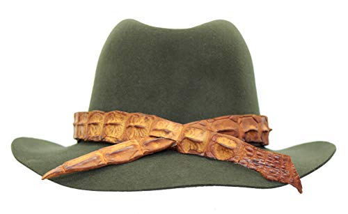 Sombrero Kakadu Echuca original de piel marrón y negro con borde curvado y cordón redondo. cocodrilo Tobacco + dientes. Talla única