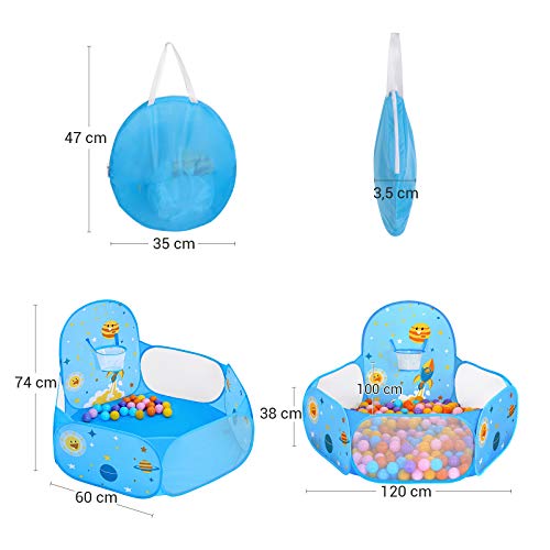 SONGMICS Piscina de Bolas, Tienda de Juego Infantil, Carpa Interior y Exterior con Aro de Baloncesto, Regalo de Juguete para Niños (no Incluye Pelotas), Tema Espacial, Azul , Navidad, LPT66BU
