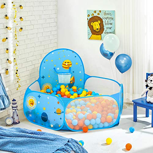 SONGMICS Piscina de Bolas, Tienda de Juego Infantil, Carpa Interior y Exterior con Aro de Baloncesto, Regalo de Juguete para Niños (no Incluye Pelotas), Tema Espacial, Azul , Navidad, LPT66BU