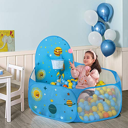 SONGMICS Piscina de Bolas, Tienda de Juego Infantil, Carpa Interior y Exterior con Aro de Baloncesto, Regalo de Juguete para Niños (no Incluye Pelotas), Tema Espacial, Azul , Navidad, LPT66BU
