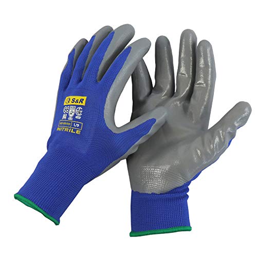 S&R Guantes de trabajo con recubrimiento de nitrilo L/9 (12 pares). Para moto, auto mecánica, jardinería, bricolaje. Antideslizante y antiabrasión.