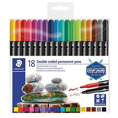 STAEDTLER Design Journey 3187 TB18, Rotuladores Permanentes de Doble Punta, Caja con 18 Marcadores de Colores Variados