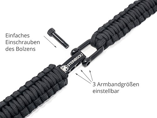 Steinbock7 - Pulsera de cuerda de supervivencia Paracord, color negro, cierre ajustable de acero inoxidable brillante, incluye instrucciones para el trenzado (idioma español no garantizado)