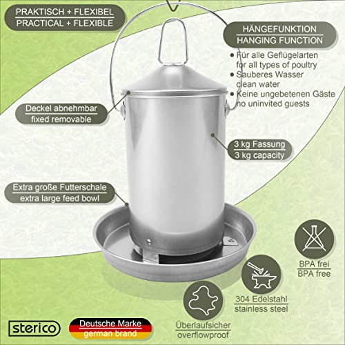 Sterico Comedero automático para gallinas y aves de corral, acero inoxidable 304, sin BPA, se puede colgar y colocar en pie, comedero de alimentación, dispensador de alimentos, capacidad de 3 kg