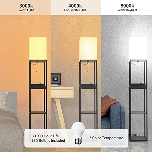 SUNMORY Lampara de pie Madera con 3 Temperaturas De Color, 2 Puertos de Carga USB y 1 Cajón, Lampara de Pie de Estar, Dormitorio, Oficina, Decoración Salon, Lamparas de Pie Negro (Bombilla Incluida)