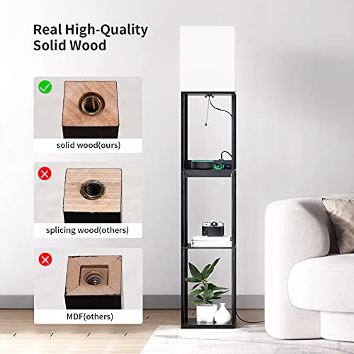 SUNMORY Lampara de pie Madera con 3 Temperaturas De Color, 2 Puertos de Carga USB y 1 Cajón, Lampara de Pie de Estar, Dormitorio, Oficina, Decoración Salon, Lamparas de Pie Negro (Bombilla Incluida)