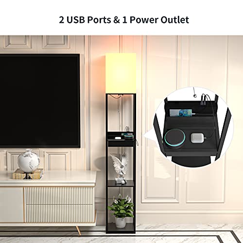 SUNMORY Lampara de pie Madera con 3 Temperaturas De Color, 2 Puertos de Carga USB y 1 Cajón, Lampara de Pie de Estar, Dormitorio, Oficina, Decoración Salon, Lamparas de Pie Negro (Bombilla Incluida)