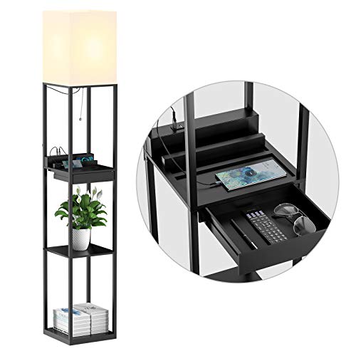 SUNMORY Lampara de pie Madera con 3 Temperaturas De Color, 2 Puertos de Carga USB y 1 Cajón, Lampara de Pie de Estar, Dormitorio, Oficina, Decoración Salon, Lamparas de Pie Negro (Bombilla Incluida)