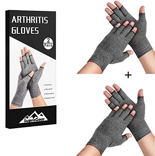 SupreGear Guantes de Artritis (2 Pares), Guantes de Compresión para Artritis Reumatoide para Manos Artritis Juegos de Escribir Guantes Sin Dedos para Hombres y Mujeres (Gris, S)