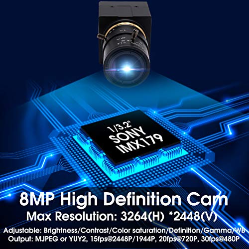SVPRO Cámara web USB de 8 MP, zoom de 2,8 a 12 mm, lente varifocal IMX179, cámara web de alta definición HD 33264 x 2448, cámara para corte IR, USB 2.0 UVC, soporte OTG