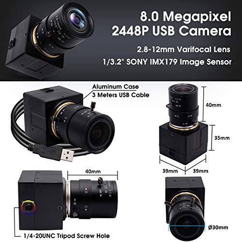 SVPRO Cámara web USB de 8 MP, zoom de 2,8 a 12 mm, lente varifocal IMX179, cámara web de alta definición HD 33264 x 2448, cámara para corte IR, USB 2.0 UVC, soporte OTG