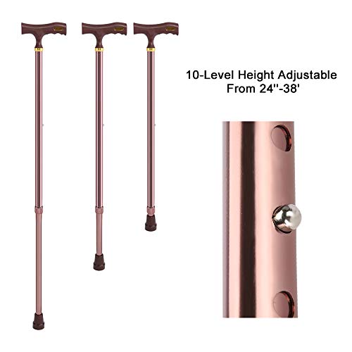 Taidda Bastón, bastón de aleación de Aluminio Altura de 10 Niveles Cobre/Plata Opcional Ajustable Antideslizante Bastón de Seguridad para Anciano de Metal 24-38inch-Cobre