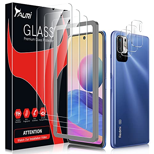 TAURI 3+3 Pack Cristal Templado Note 10 5G(No Note 10 4G) y 3 Pack Protector de Pantalla Xiaomi Redmi Note 10 5G y 3 Pack Protector de Lente de Cámara - Sin Burbujas Dureza 9H Kit Fácil instalación