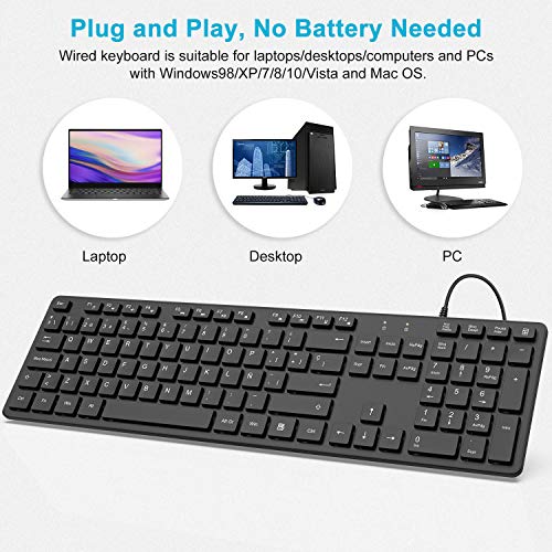 TedGem Teclado con Cable, USB Teclado, Laptop Teclado Español, Teclado de PC USB, Teclado de Tamaño Completo 12 Botones Multimedia, para Windows XP/7/8/10/Vista