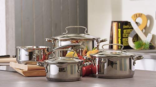 Tefal Duetto - Juego de 4 Ollas cocina: 1 Cazo cocina 16cm, 3 Cacerolas 16/20 cm, 1 Olla 24 cm de acero inoxidable, 3 tapas cristal, marcas medición, todo tipo cocinas, apto horno y lavavajillas