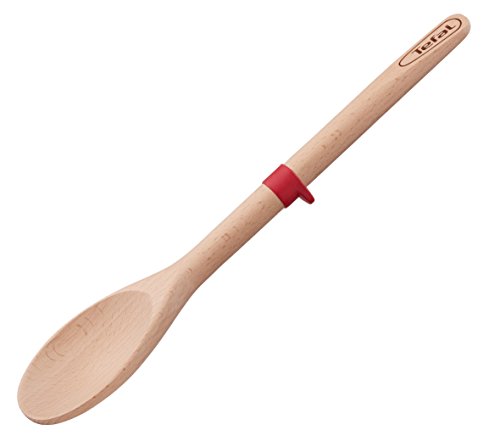 Tefal Ingenio Wood Cuchara de madera con lengua de silicona, materiales naturales, sin conductividad térmica, no daña sartenes ni ollas, anillo de silicona para apoyar, madera FSC