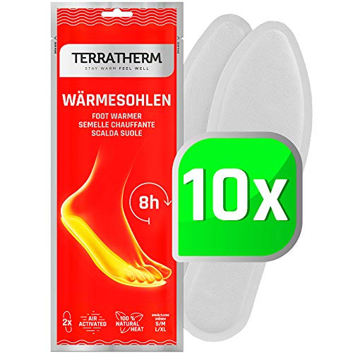 TerraTherm Plantillas Calentadoras - 10 Pares M, calientapiés, Almohadillas térmicas, 100% Calor Natural, Almohadillas térmicas con Forma de Plantillas para 8 Horas de pies Calientes