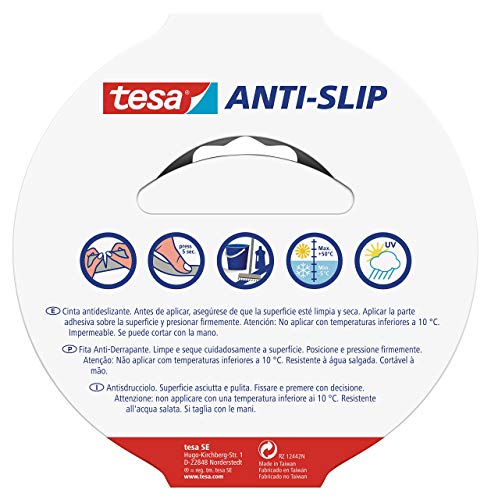 tesa Cinta Antideslizante , Cinta Adhesiva Antideslizante para Interiores y Exteriores , adecuado para Escalones, Rampas y Suelos Resbaladizos , Negro , 15 m x 25 mm