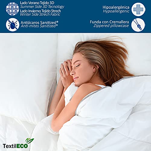 TextilECO Almohada Viscoelastica Compacta con Cremallera. Comoda Transpirable Adaptable. 2 Caras Verano Tejido 3D Invierno Acolchado. Funda Lavable. Firmeza Media. Biconfort. 67 cm