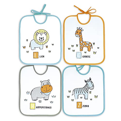 Ti TIN - Pack de 4 Baberos Impermeables para Bebés 73% Algodón - 27% Poliéster Forro Vinilo | Baberos con Cierre con Cintas para Bebés de 6 a 18 Meses
