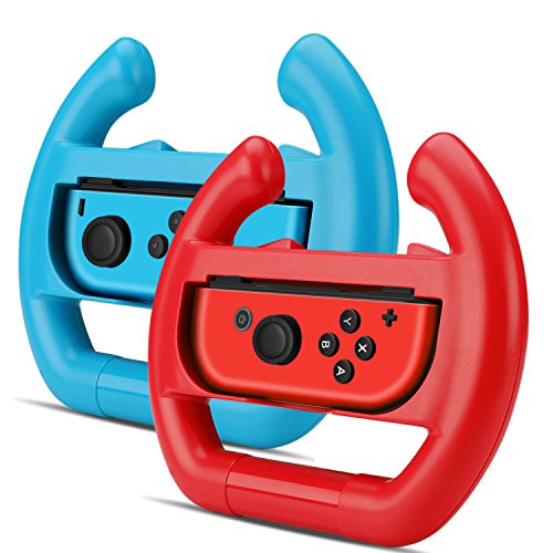 TNP Nintendo Switch Rueda Mando Joy-Con Controlador Volante Accesorio 2 Unidades Color Rojo y Azul para Mario Kart 8 Deluxe, Racing Apex, Fast RMX, Redout, Juego de Coche de Carreras